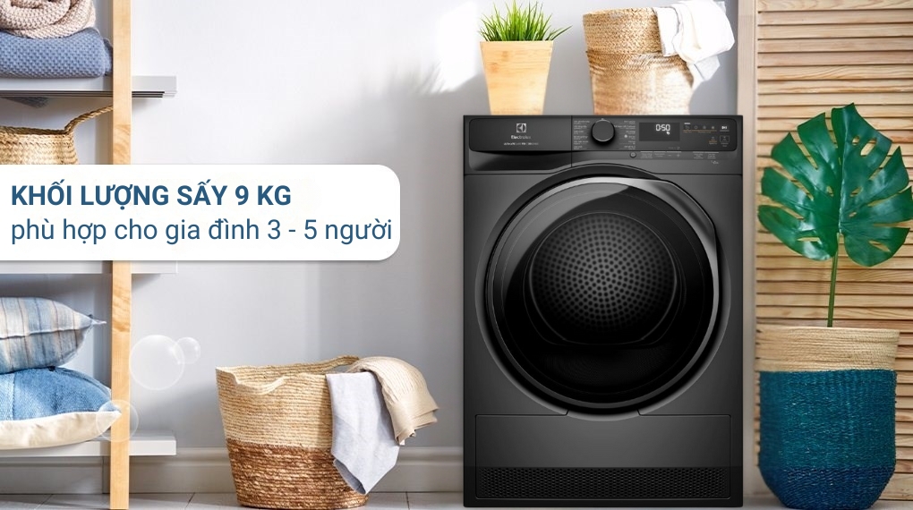 máy sấy bơm nhiệt Electrolux EDH903R7SC UltimateCare 9 kg với khối lượng sayas 9kg thích hợp cho gia đình 3-5 người